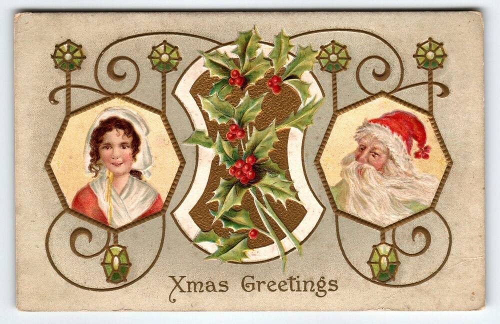 Santa Claus Christmas Postcard Embossed Vintage Colonial Women 1910 A.S. Meeker